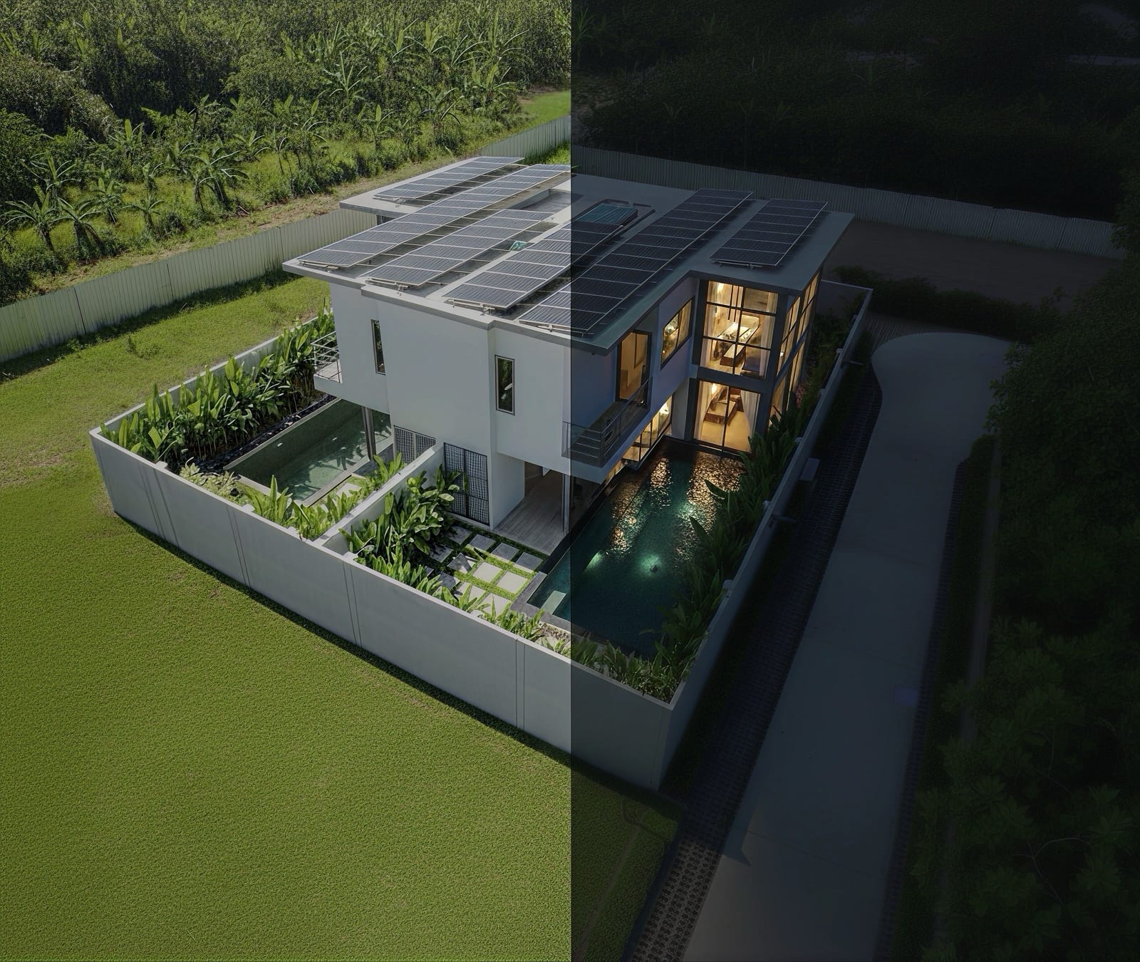 Современная солнечная вилла RIVERHOUSE Phuket — вид днём и ночью, с частным бассейном и экологичным дизайном.