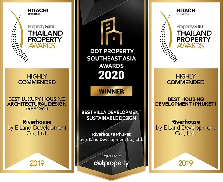 Award trophies received by RIVERHOUSE Phuket for excellence in sustainable and luxury housing design