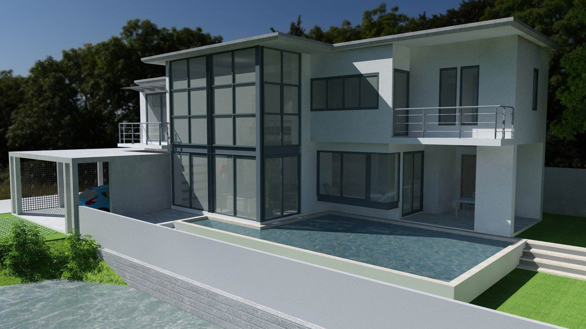 Рендер виллы RIVERHOUSE Phuket с панорамными окнами, частным бассейном и двухэтажной архитектурой в современном стиле.