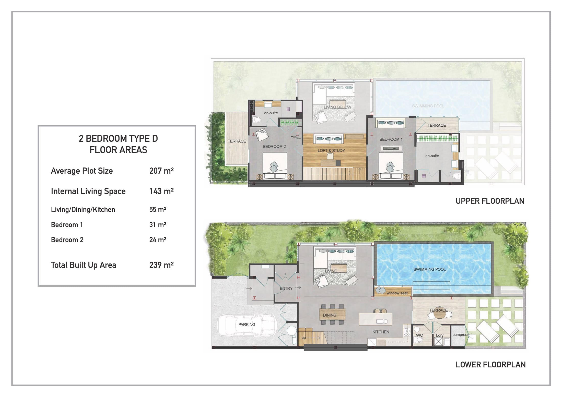 Планировка виллы Type D с двумя спальнями, двумя уровнями, террасами и частным бассейном.