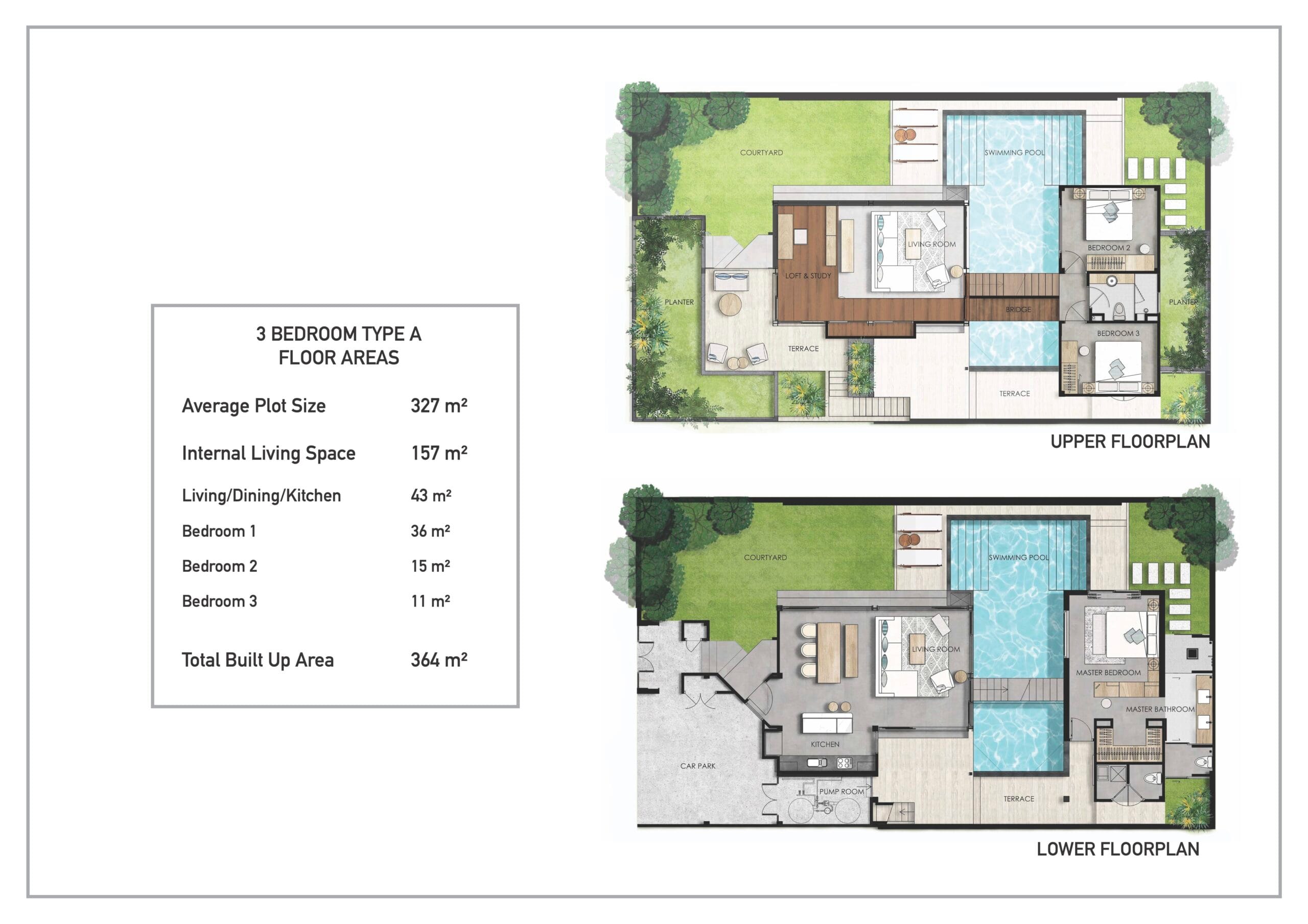 Планировка виллы 3 спальни Type A: два уровня, бассейн между корпусами, лофт-зона, две спальни наверху, мастер-спальня внизу, террасы и зелёные дворики.