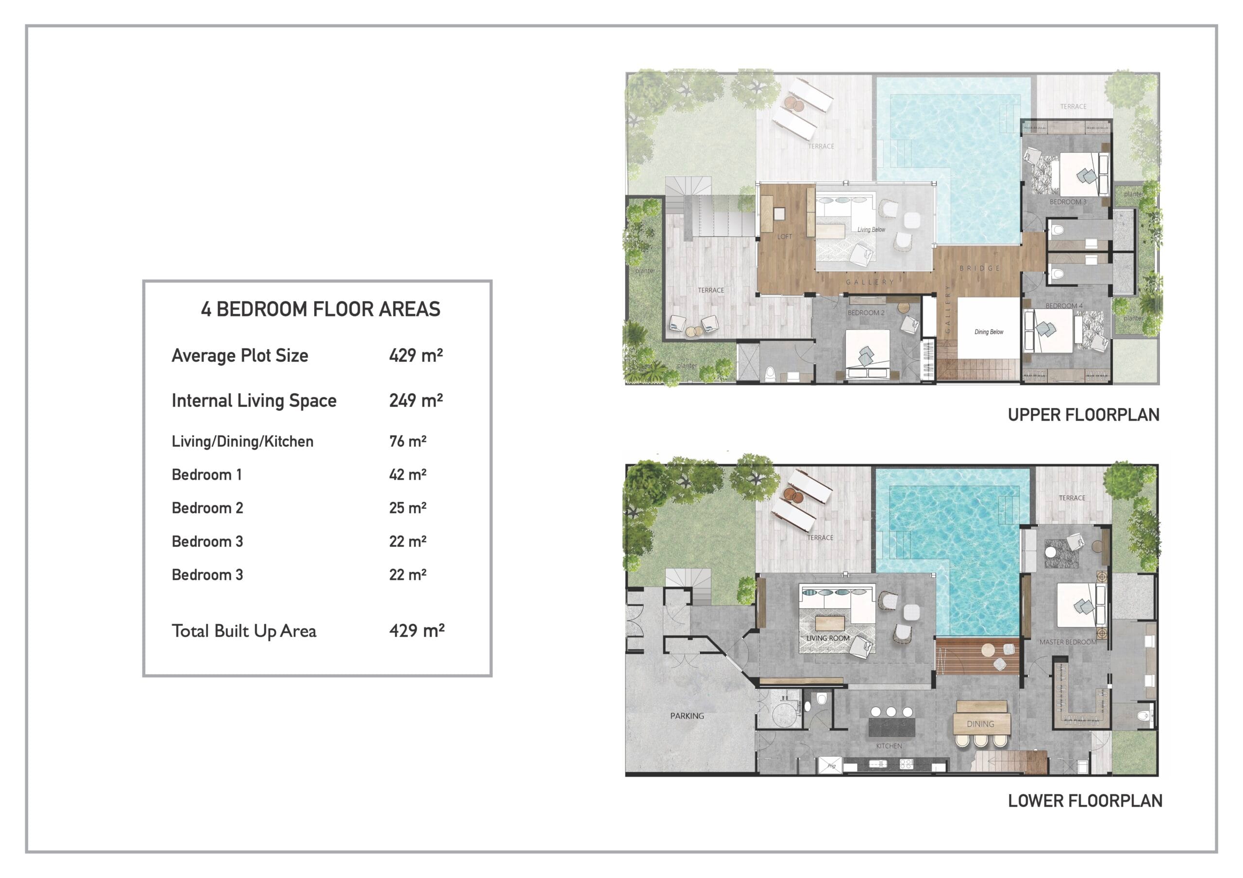 Планировка виллы 4 спальни: два уровня, большая гостиная с кухней, мастер-крыло, три дополнительные спальни, террасы вокруг бассейна и зелёные зоны.