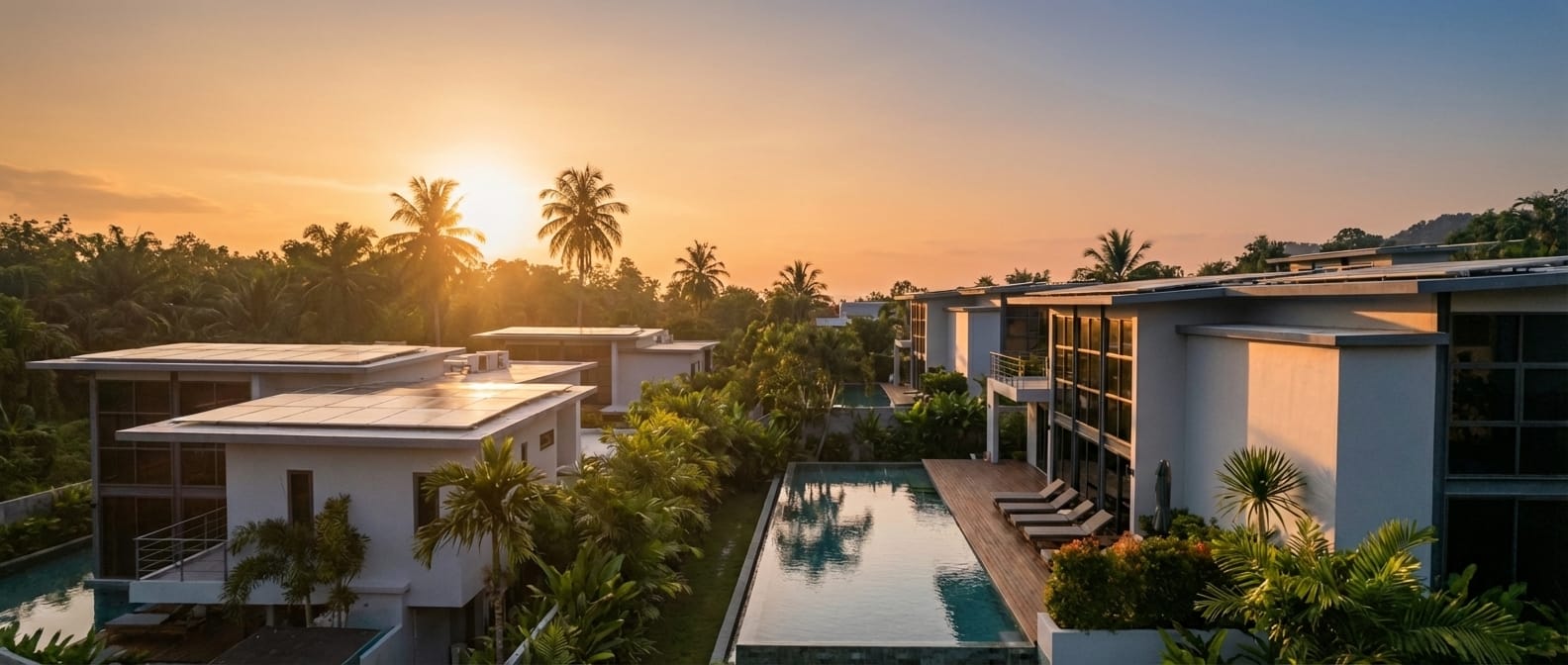 Вид на современные солнечные виллы RIVERHOUSE Phuket на фоне тропического заката, с бассейнами и пальмами вокруг.