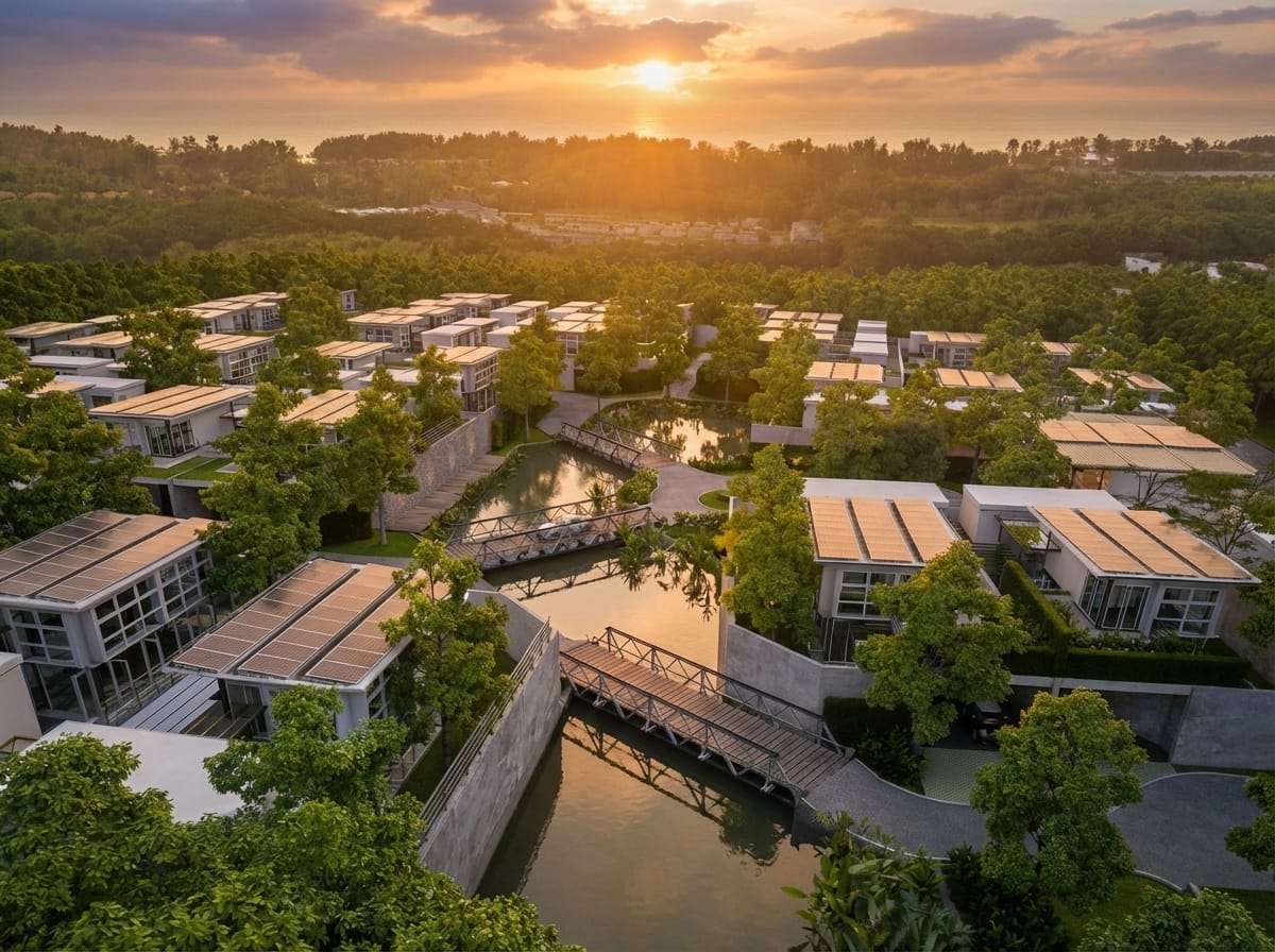 RIVERHOUSE Phuket villas at sunset with solar rooftops, private pools and lush tropical greenery.